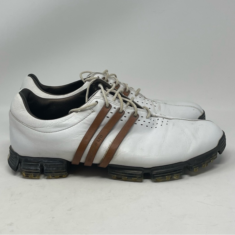 Adidas Tour 360 LTD Golf Shoes Mens 10.5 White Brown Leather Soft Spikes Lace Up